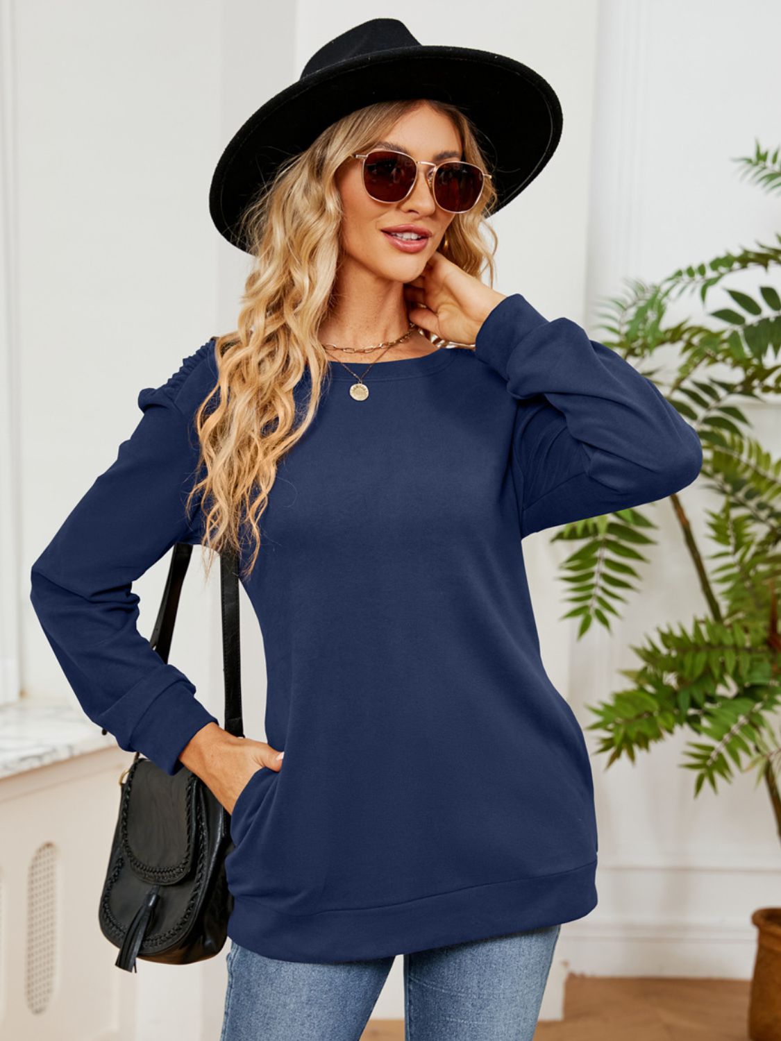 Ruched Shoulder Round Neck Long Sleeve Sweatshirt