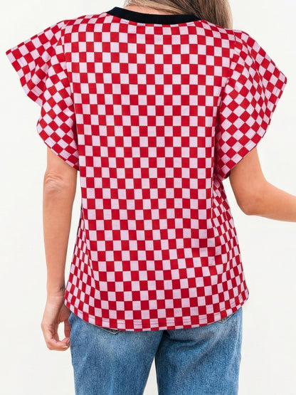 Checkered Print Ruffle Cap Sleeve Contrast Trim Round Neck Top
