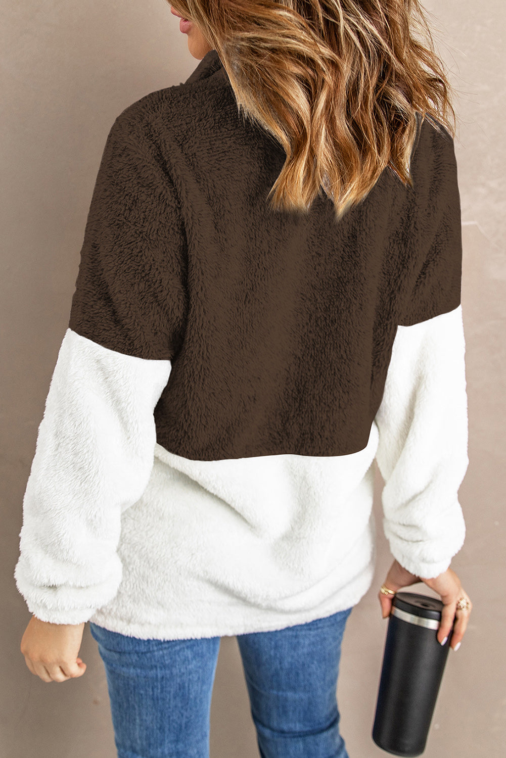 Color Block Half Zip Long Sleeve Fuzzy Sweatshirt