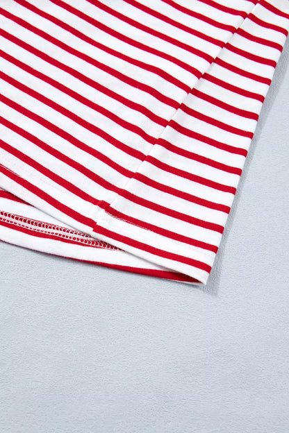 Stripe Contrast Trim Round Neck Short Puff Sleeve T Shirt