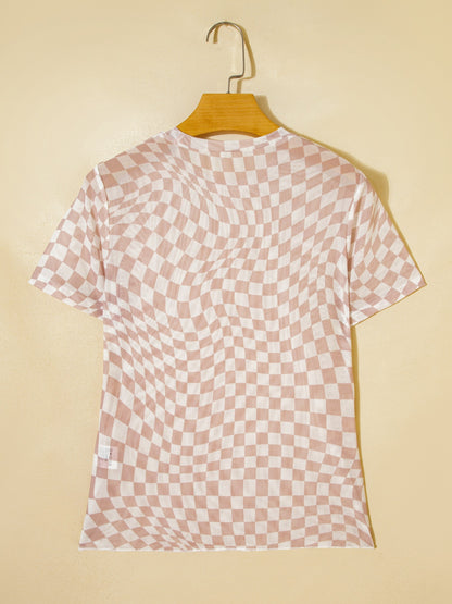 heckered Print Crew Neck Mesh T Shirt