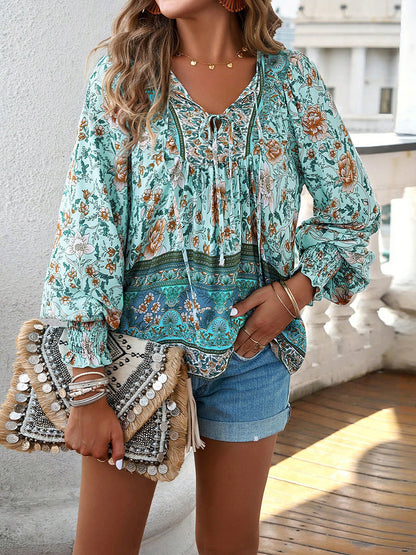 Devine Bohemian Tie Neck Lantern Sleeve Blouse