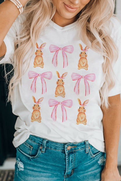 Rabbit &amp; Bow Round Neck Short Sleeve T-Shirt