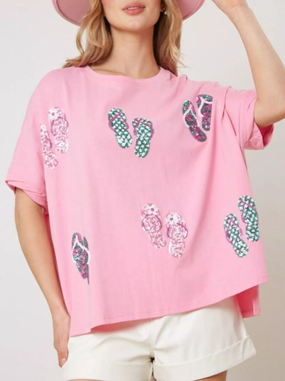 Flip-Flop Print Round Neck Casual T-Shirt