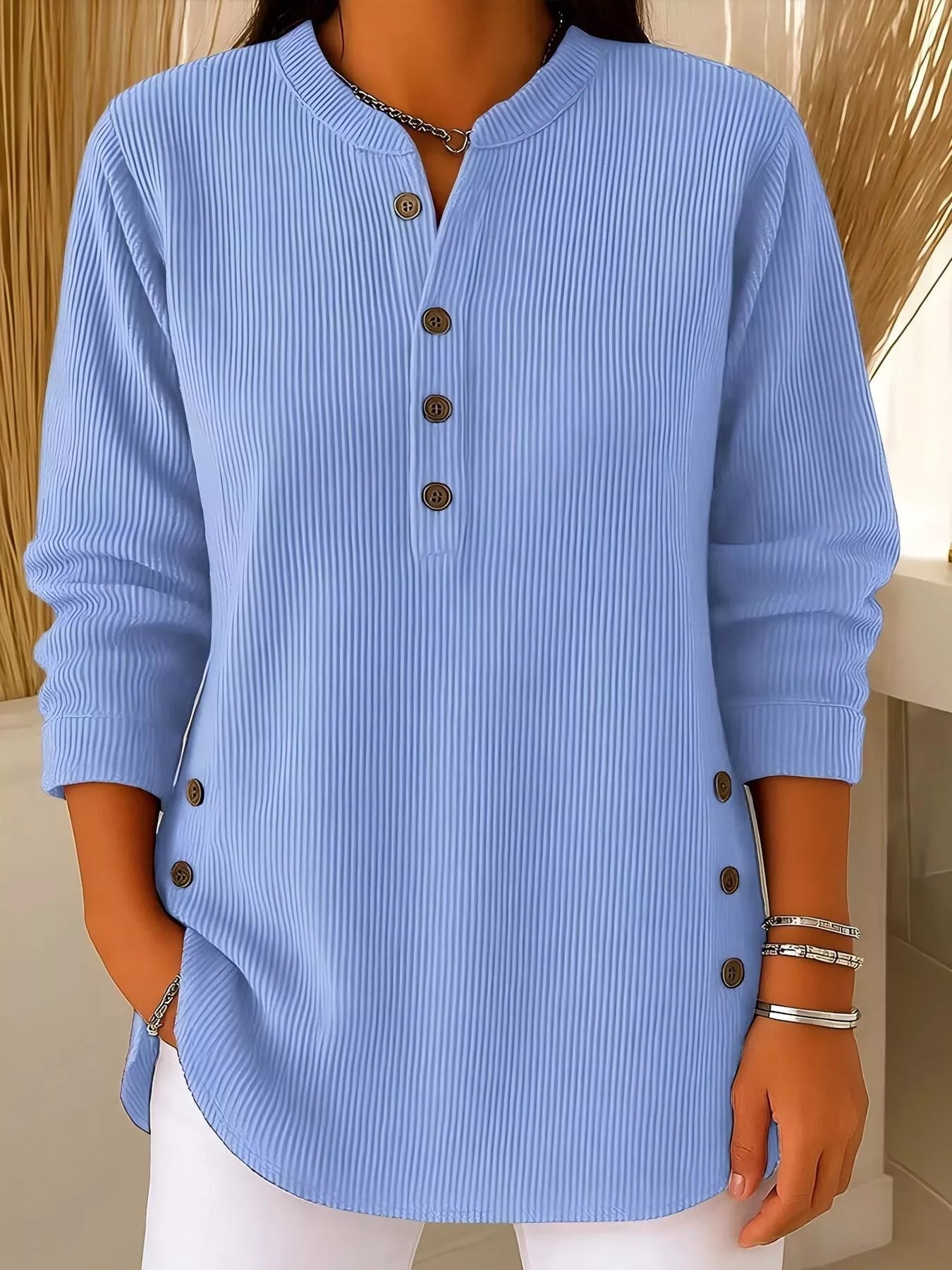 Full Size Ribbed Half Button Henley Top Plus Size