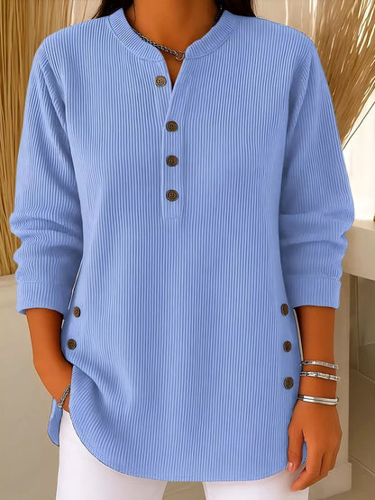 Full Size Ribbed Half Button Henley Top Plus Size