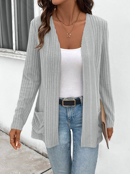 Pocketed Open Front Long Sleeve Cardigan