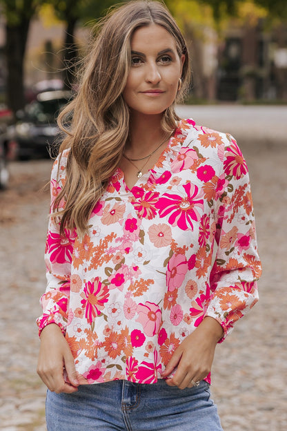 Floral V-Neck Frill Long Sleeve Blouse