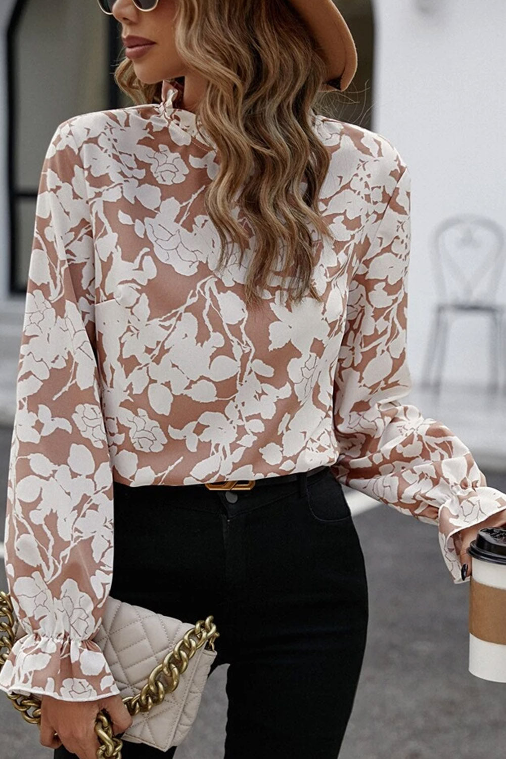 Floral Print Mock Neck Flounce Sleeve Blouse