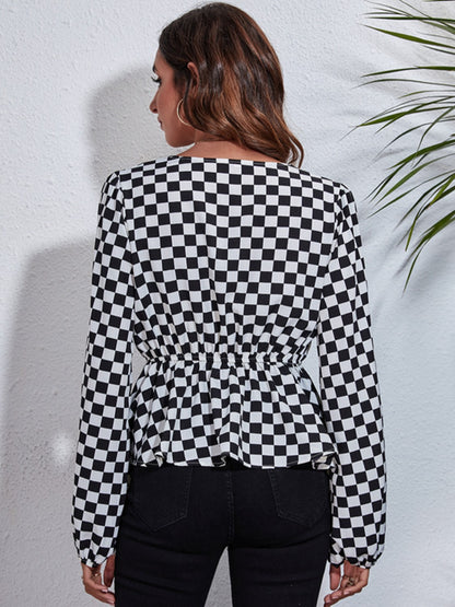 Checkered V-Neck Balloon Sleeve Peplum Blouse