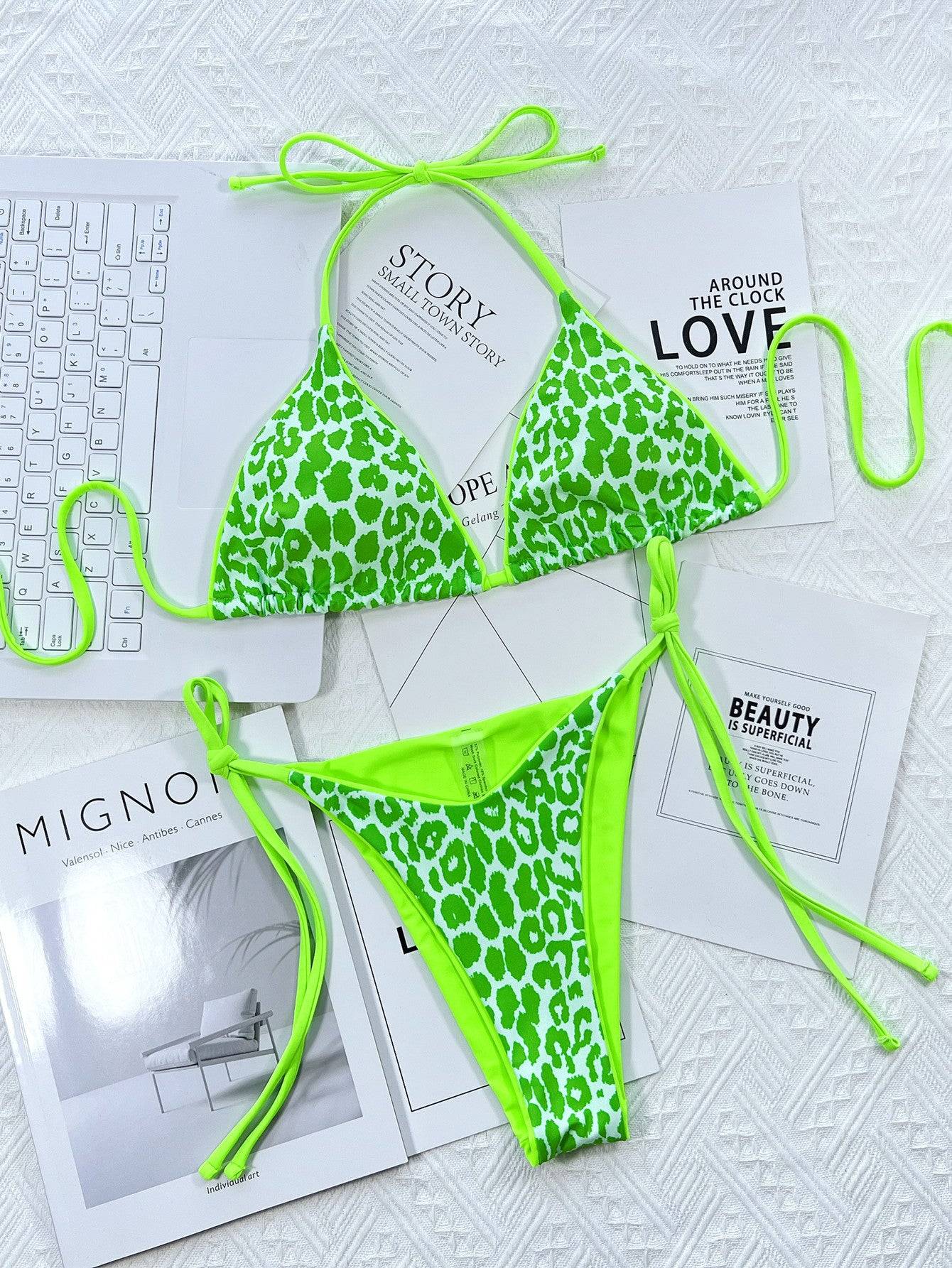 Close-up of green leopard print bikini top