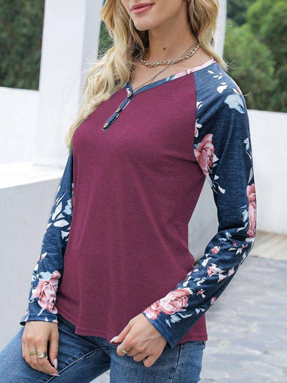 Burgundy V-neck floral T-shirt, side view