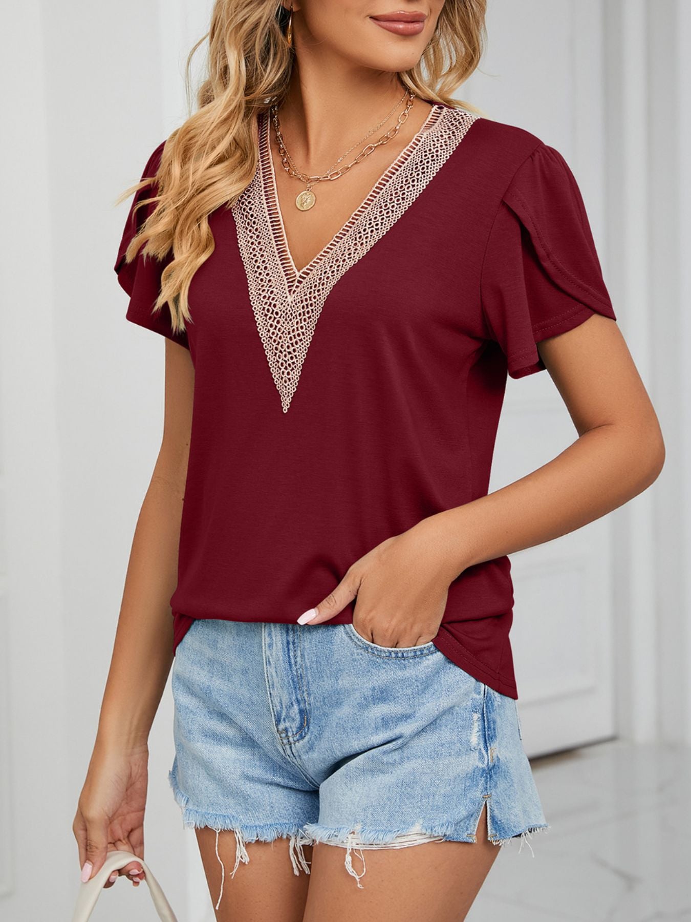V-Neck Petal Sleeve Top