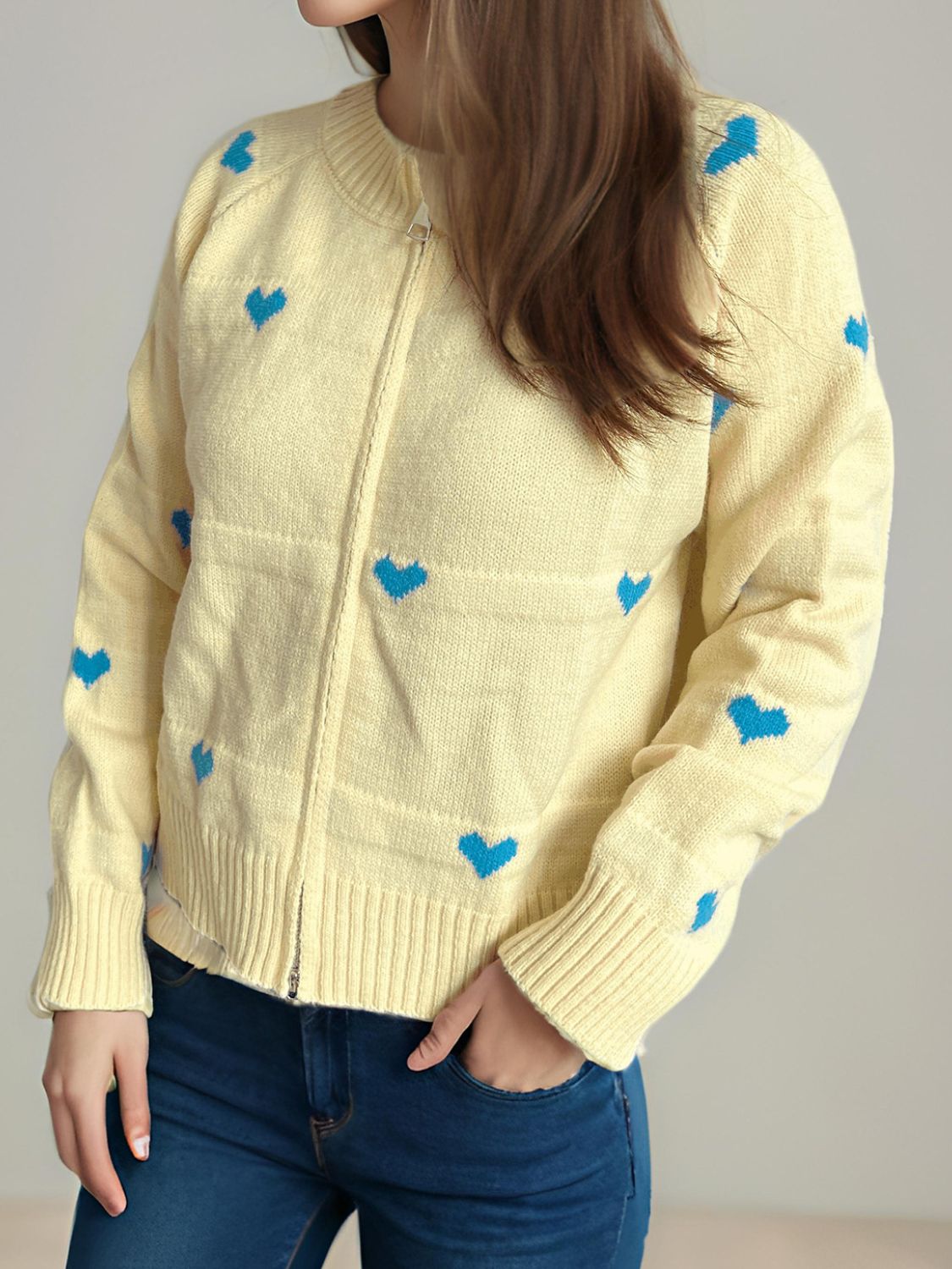 Heart Round Neck Zip Up Cardigan