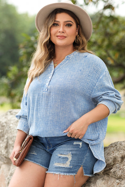 Plus Size Half Button Long Sleeve Blouse