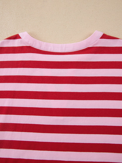 Stripe Split V Neck Casual T Shirt