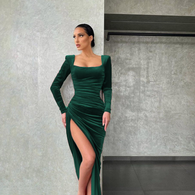 Damen-Minikleid mit quadratischem Ausschnitt und hoher Taille und Schlitz 