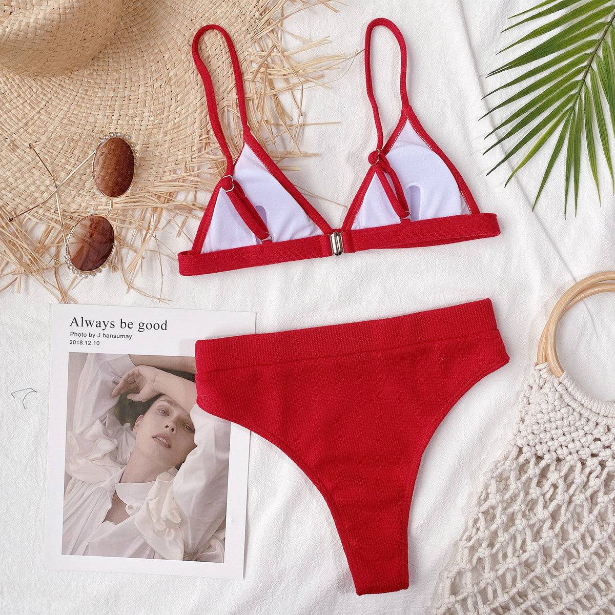 Red ribbed bikini set with fashion magazine