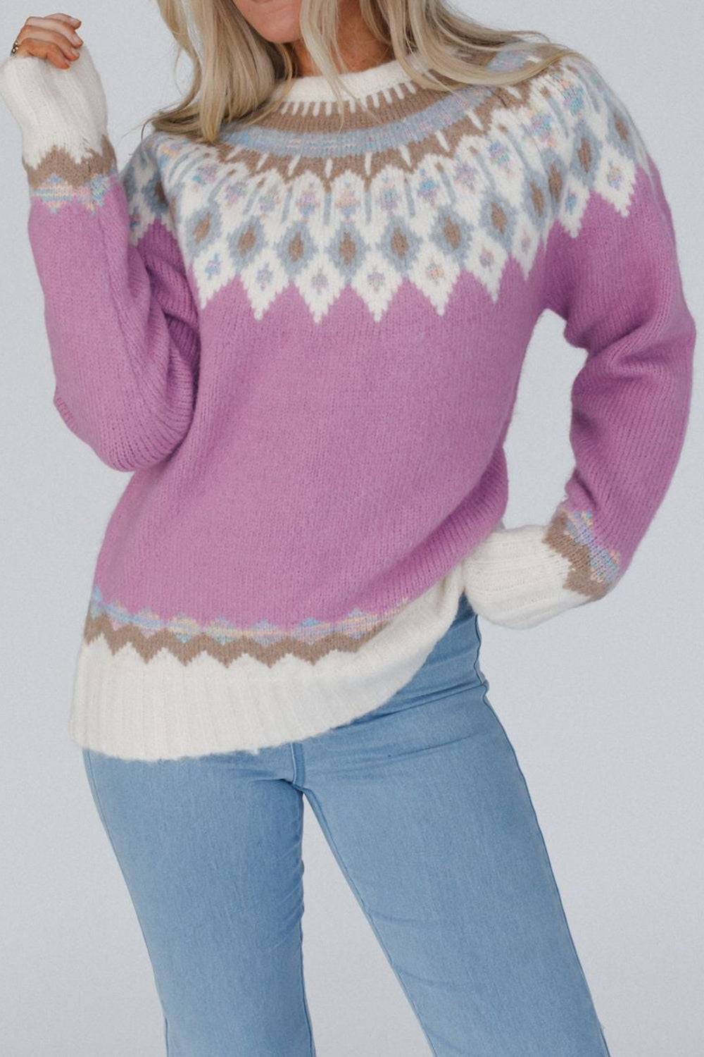 Stylish geometric sweater in purple and white