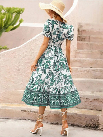 Kleid mit Maxi-Ausschnitt und Puffärmeln, Allover-Positioning-Print und Print 