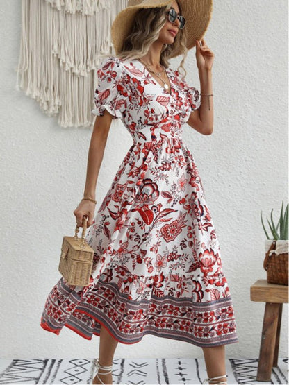 All-over positioning print printed puff-sleeved maxi-neck dress