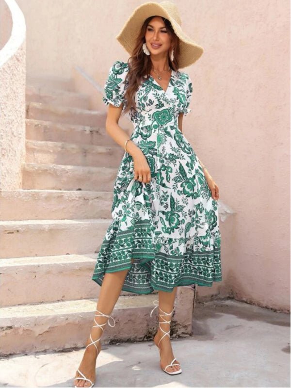 All-over positioning print printed puff-sleeved maxi-neck dress