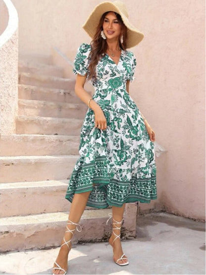 Kleid mit Maxi-Ausschnitt und Puffärmeln, Allover-Positioning-Print und Print 