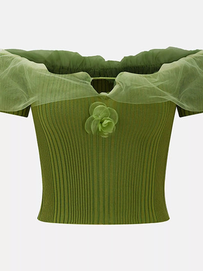 Ribbed Knit Off-Shoulder Ruffle Trim Top