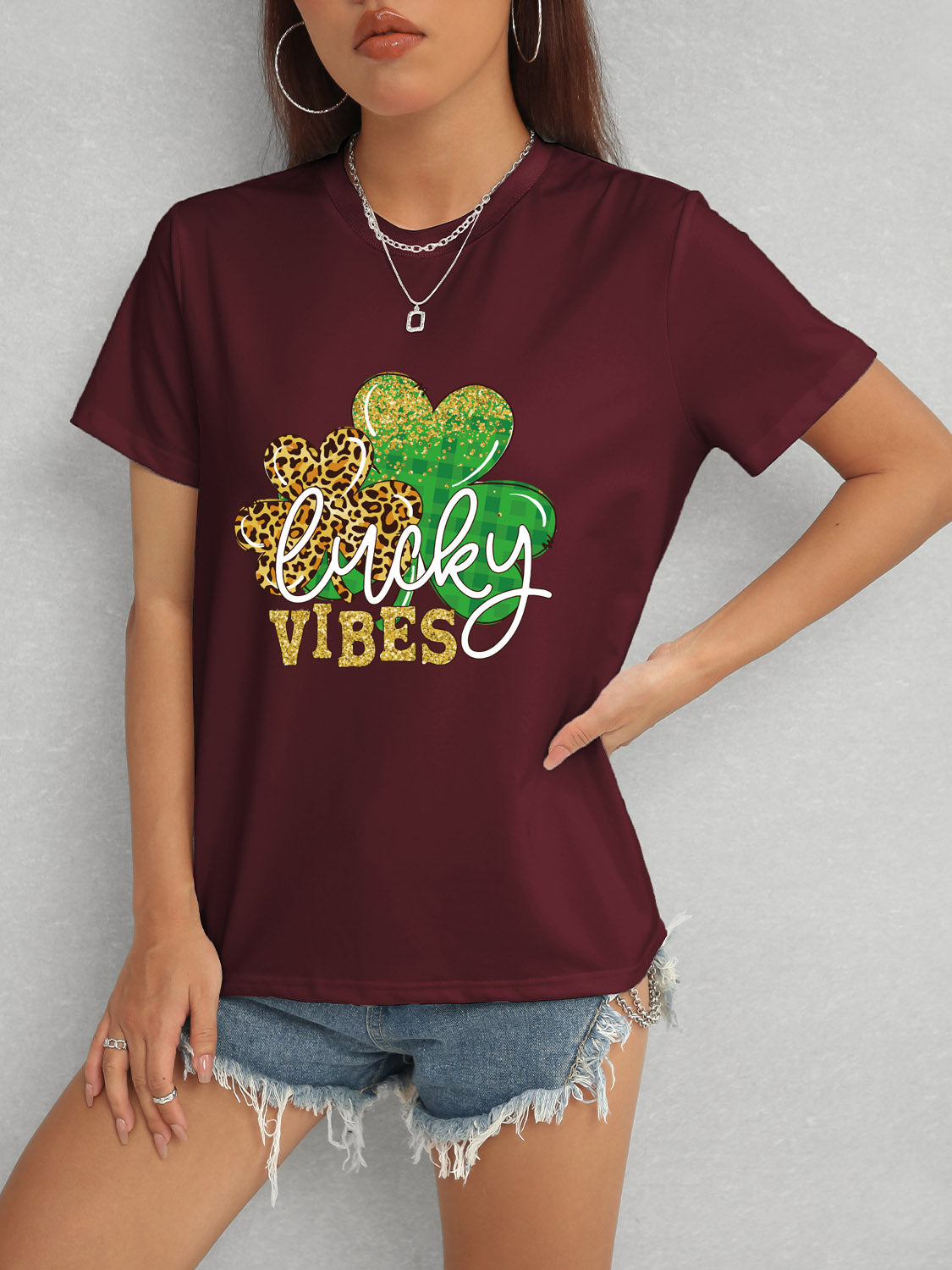 LUCKY VIBES Round Neck Short Sleeve T-Shirt