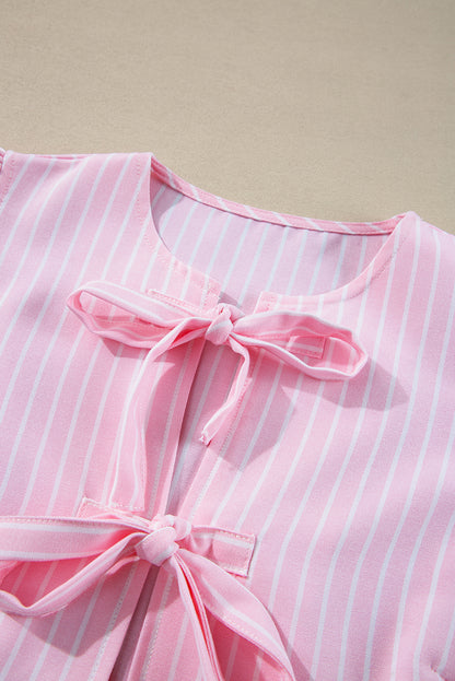 Tied Bow Striped Round Neck Blouse