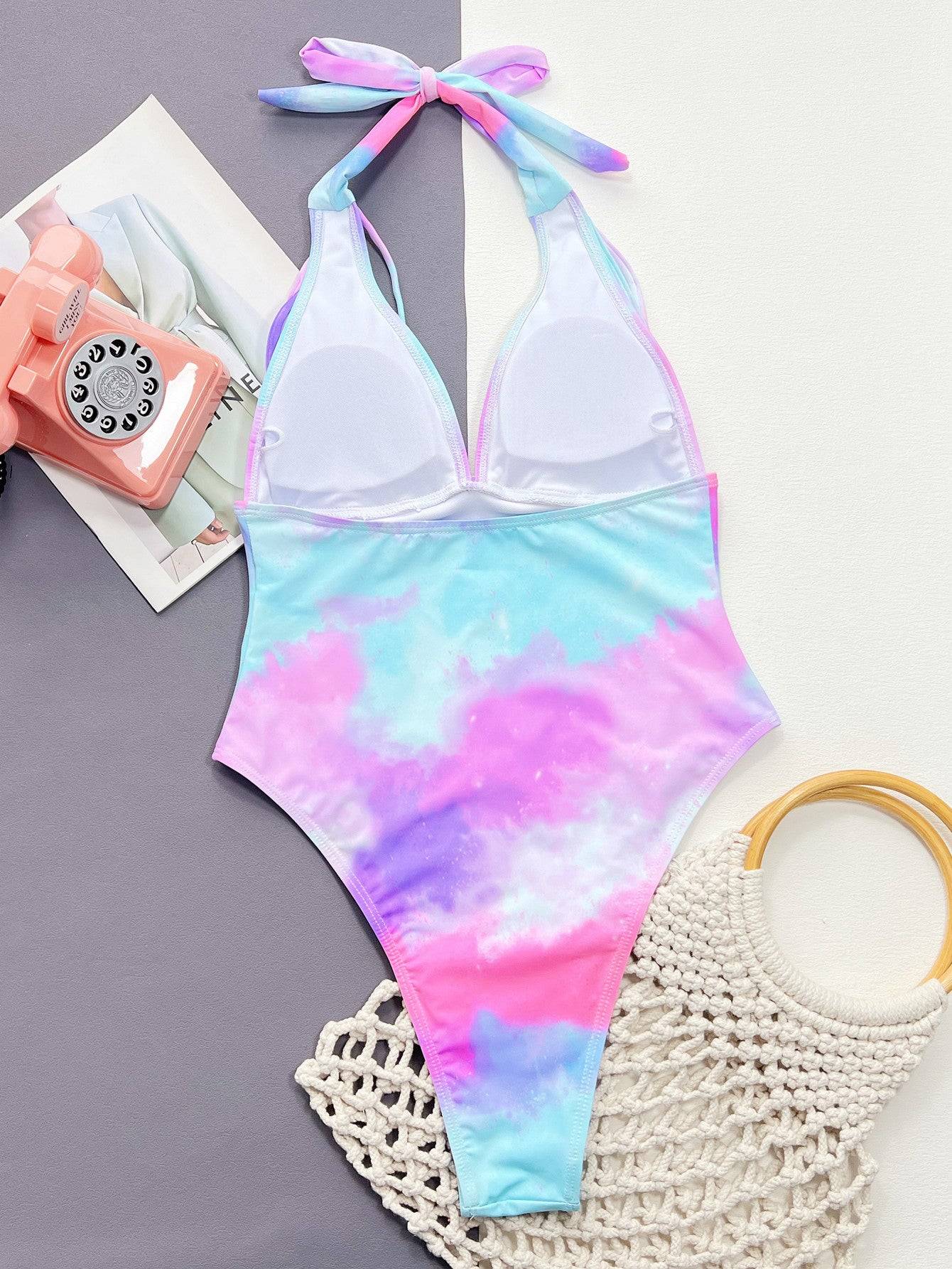 Tie-Dye Halter Neck One-Piece Swimsuit flat lay back