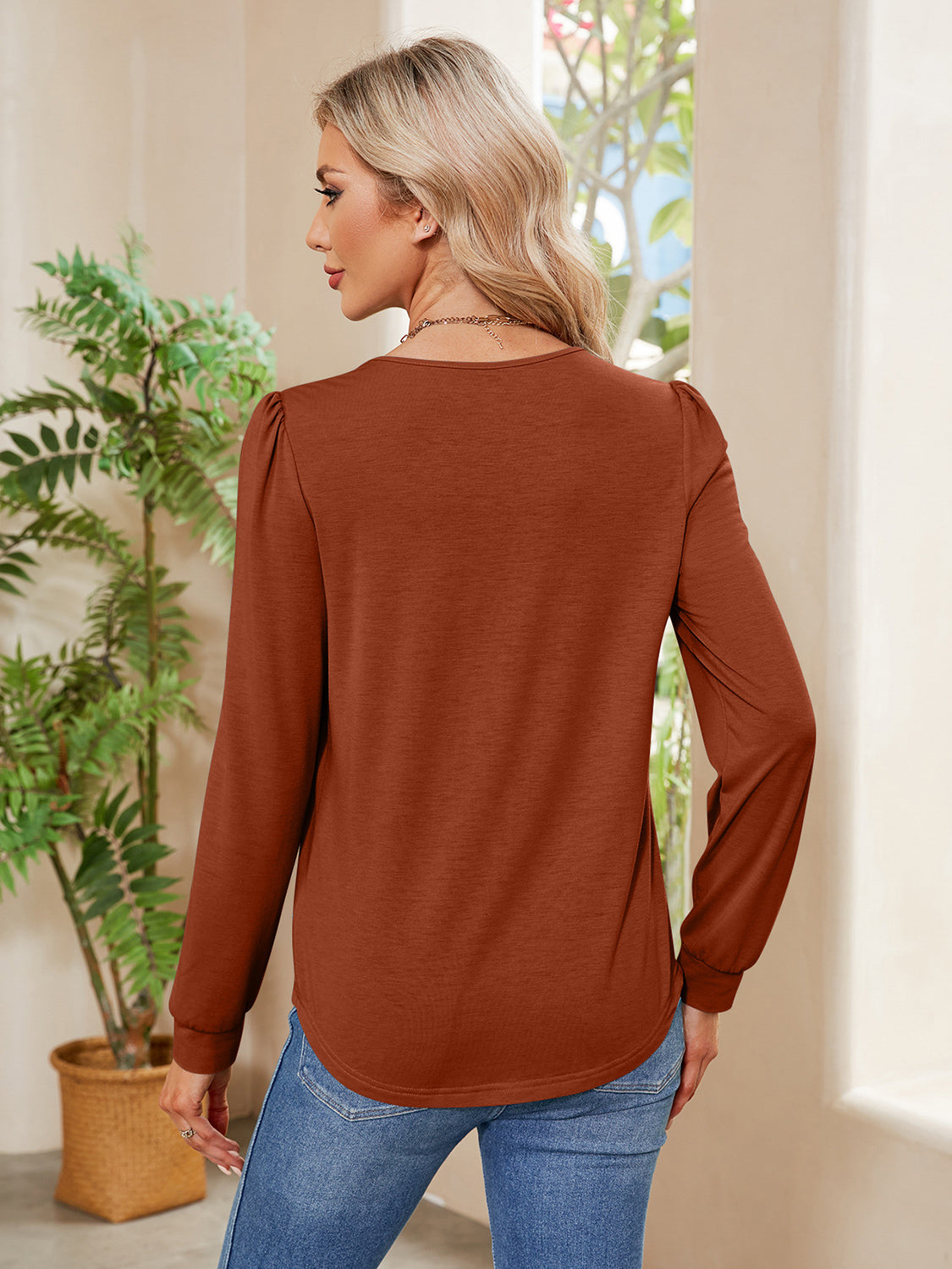 Ruched Round Neck Long Sleeve Blouse