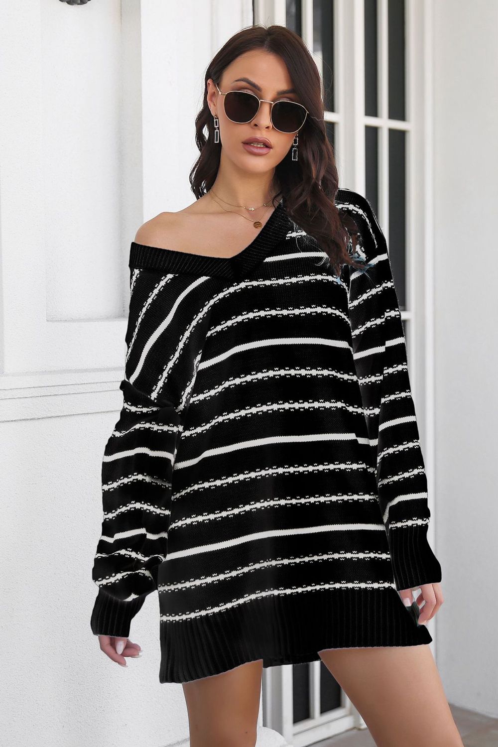 Striped V-Neck Sweater Dress