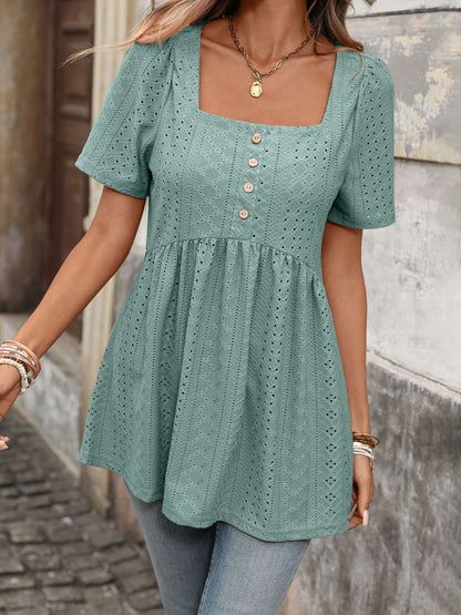 Eyelet Square Neck Short Sleeve Top