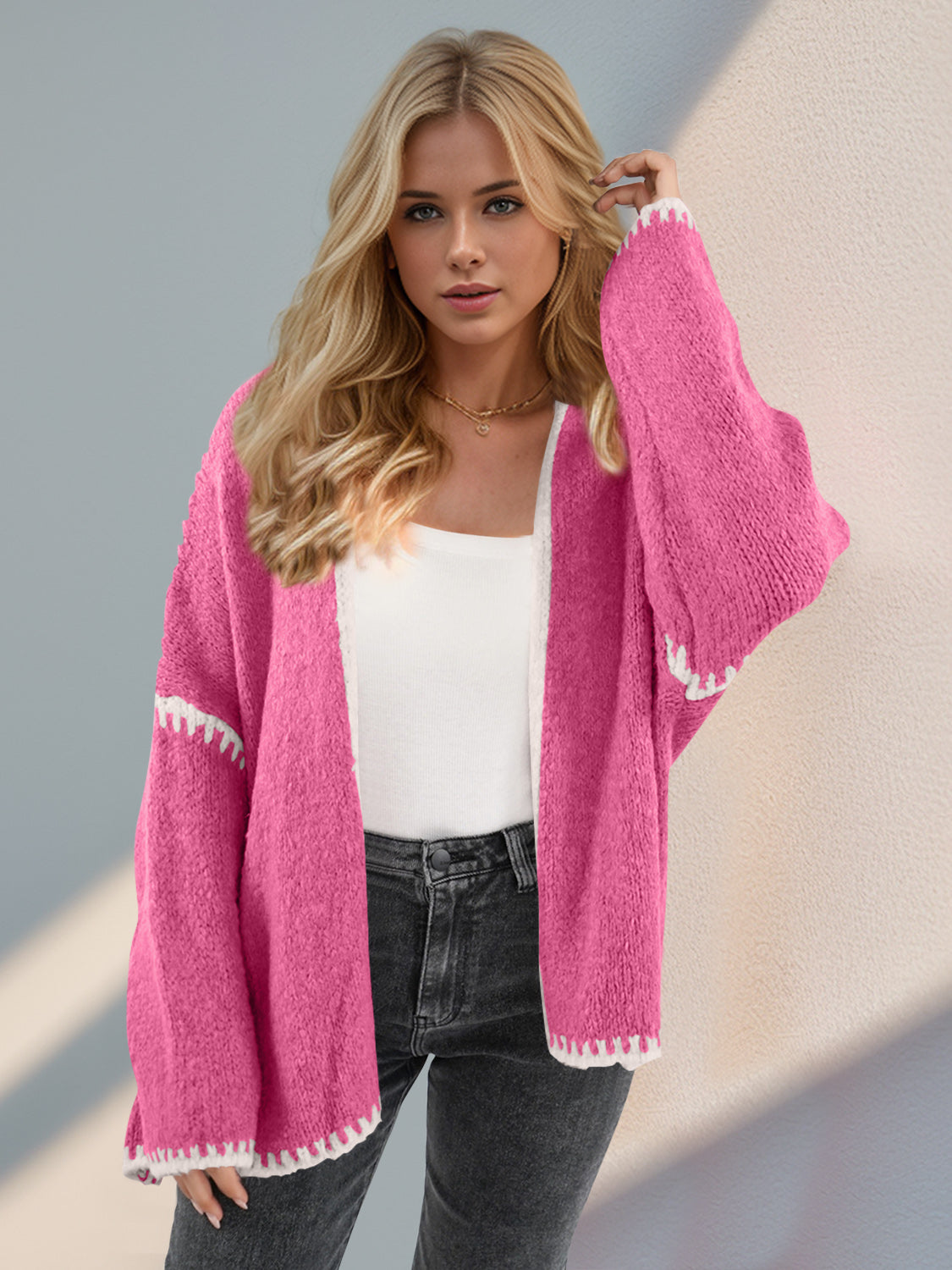 Double Take Contrast Open Front Dropped Shoulder Cardigan