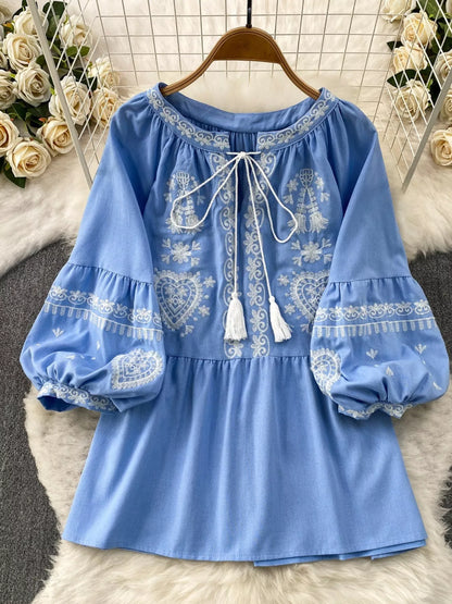 Embroidered Tie Neck Blouse