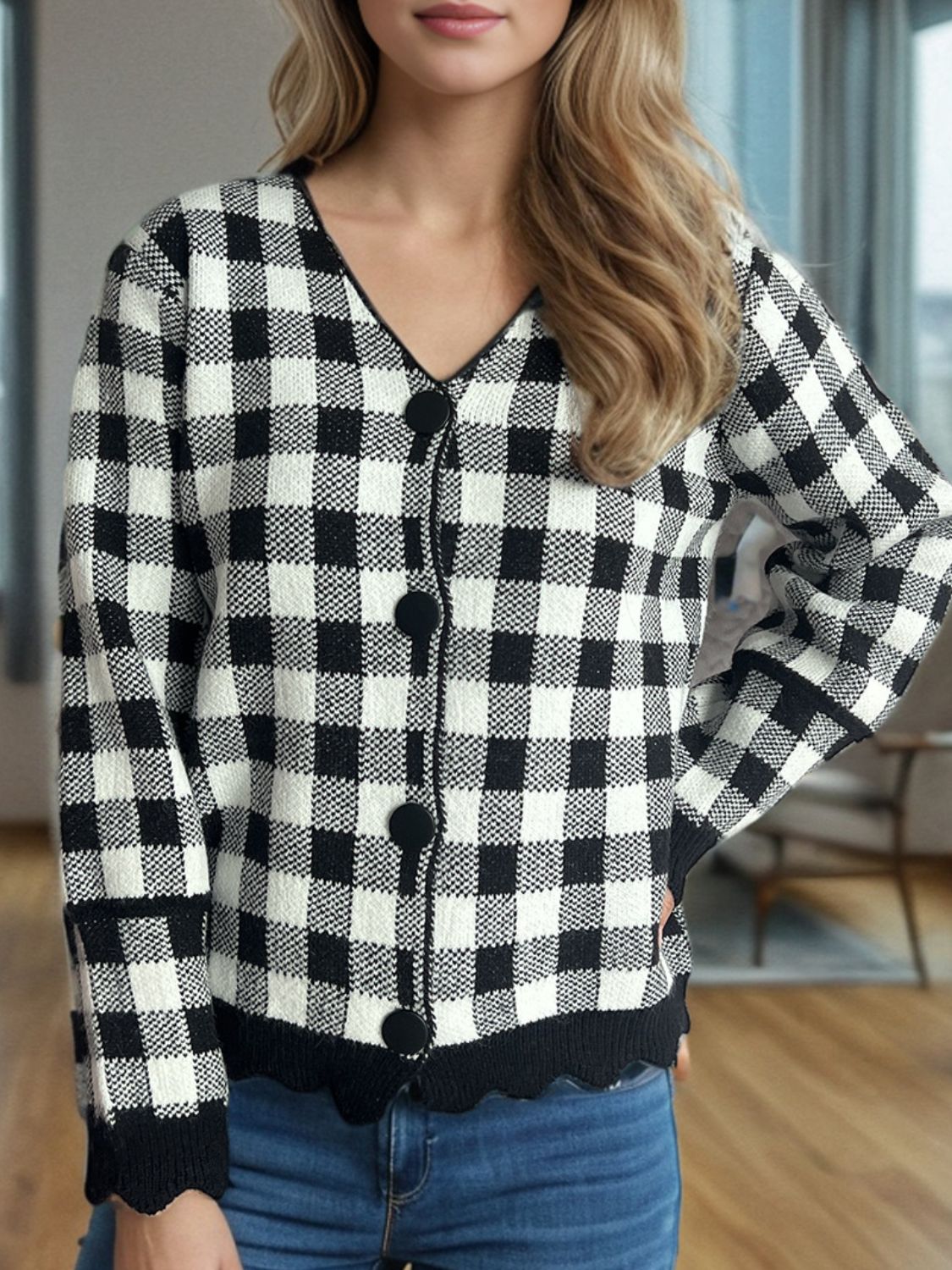 Plaid V-Neck Button Up Cardigan