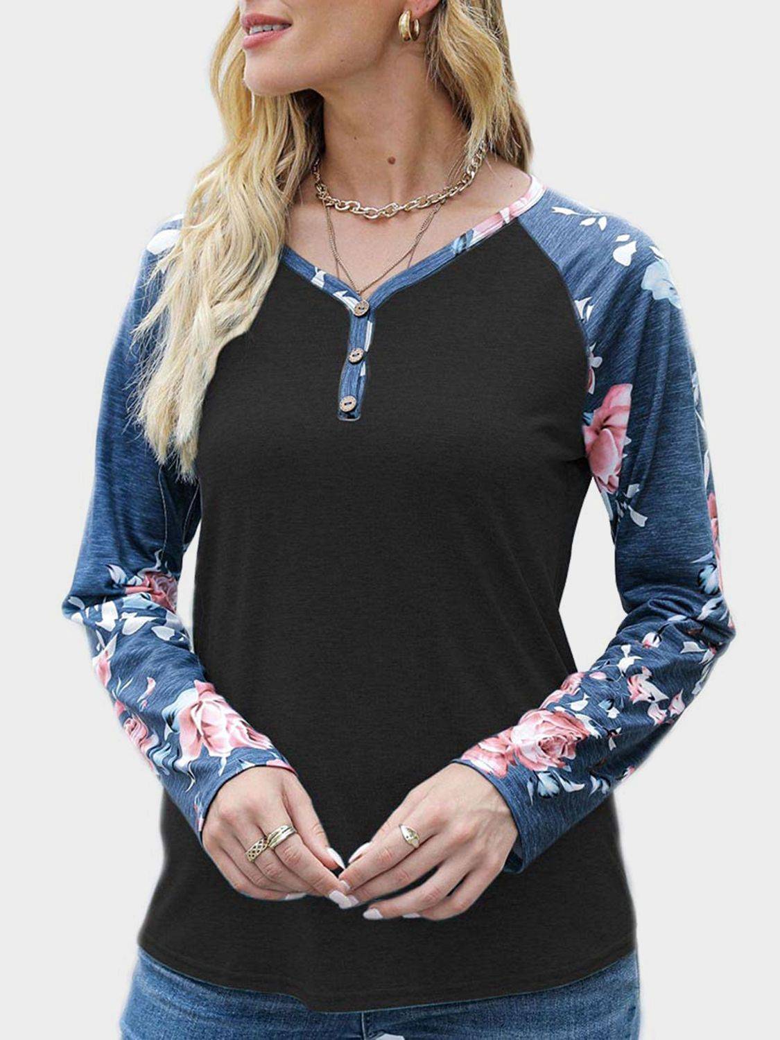 Black floral long sleeve T-shirt, front view