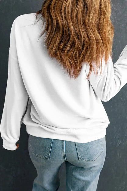 Back view of white long sleeve sweatshirt.