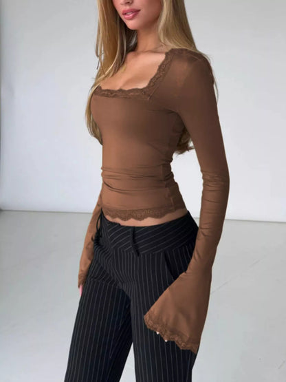 Lace Trim Square Neck Long Sleeve Top