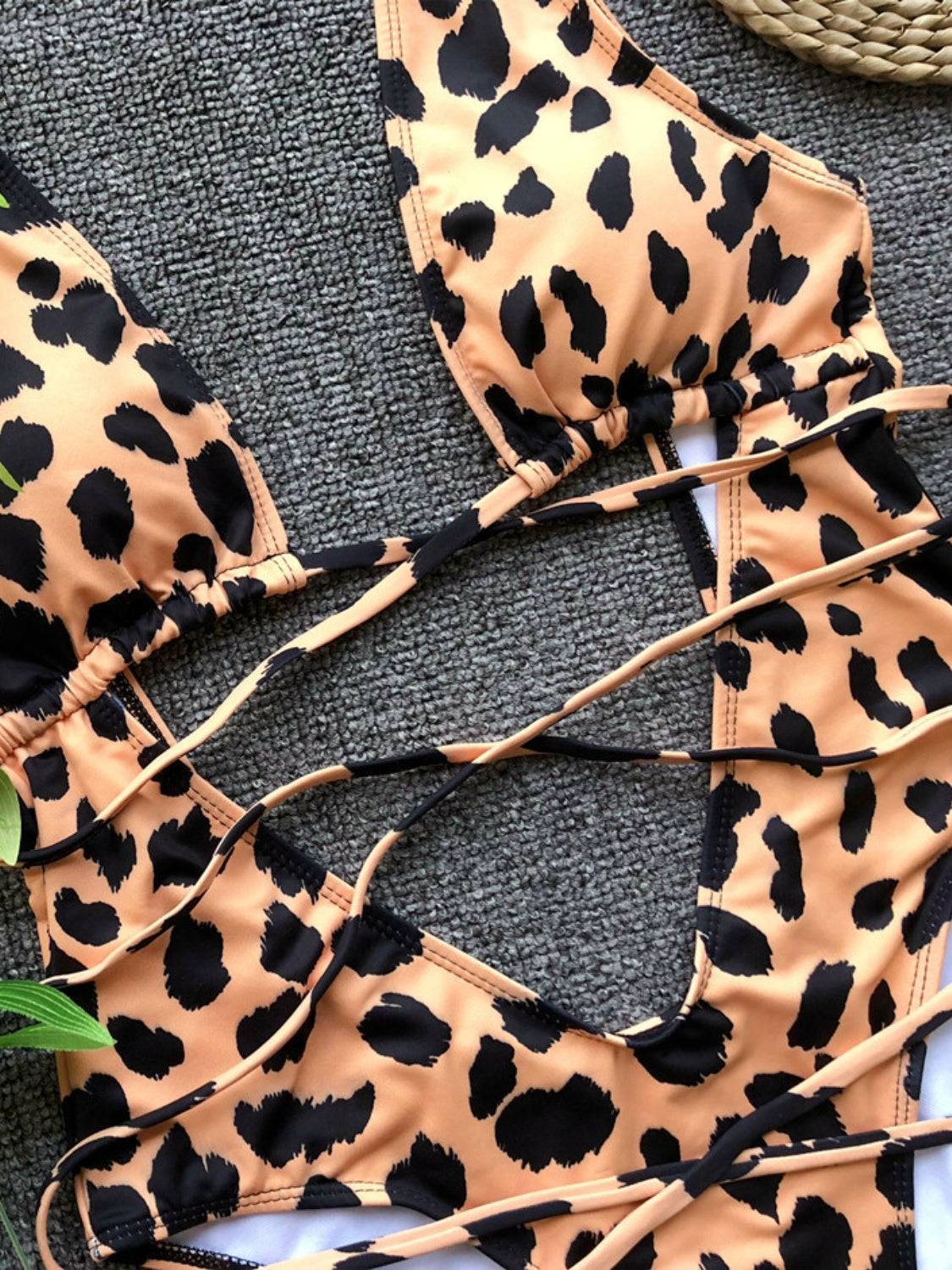 Close-up of tan leopard print swimwear details