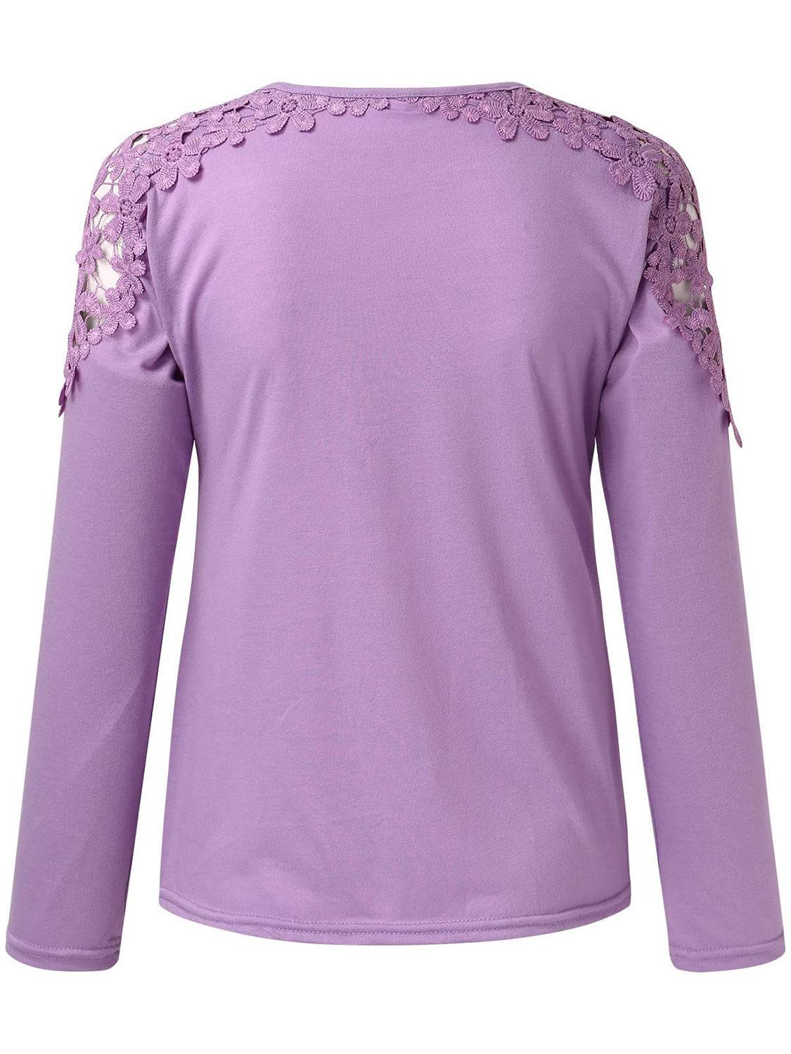 Back view of purple cutout round neck long sleeve t-shirt