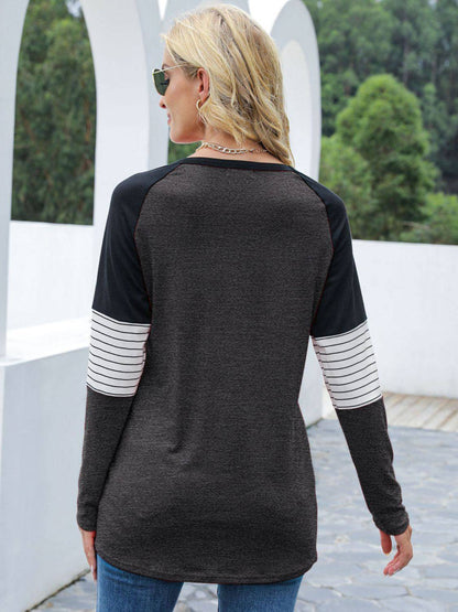 Back view of gray contrast striped long sleeve T-shirt