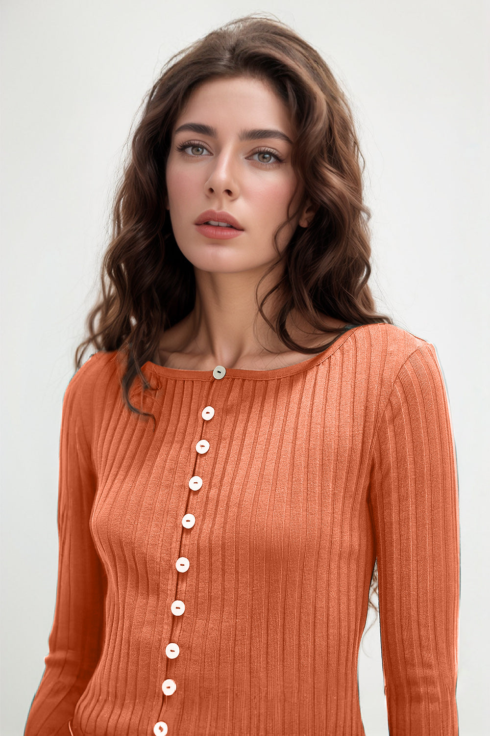 Basic Bae Texture Button Up Round Neck Long Sleeve Top