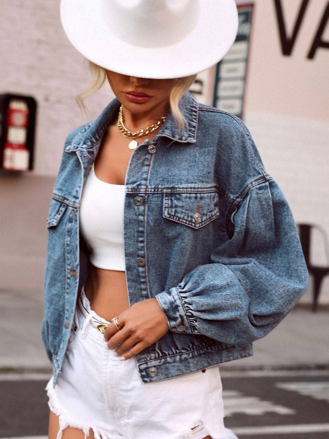 Stylish collared denim top with dropped shoulders