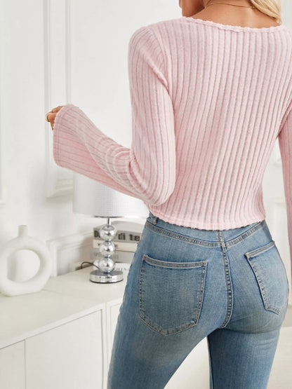 Ribbed Knit Drawstring Long Sleeve T-Shirt