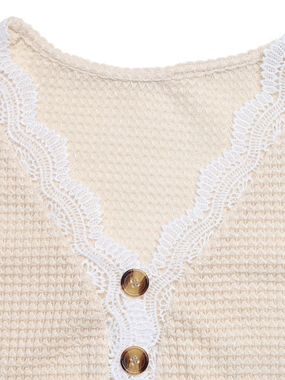 Lace Trim Waffle Knit T-Shirt