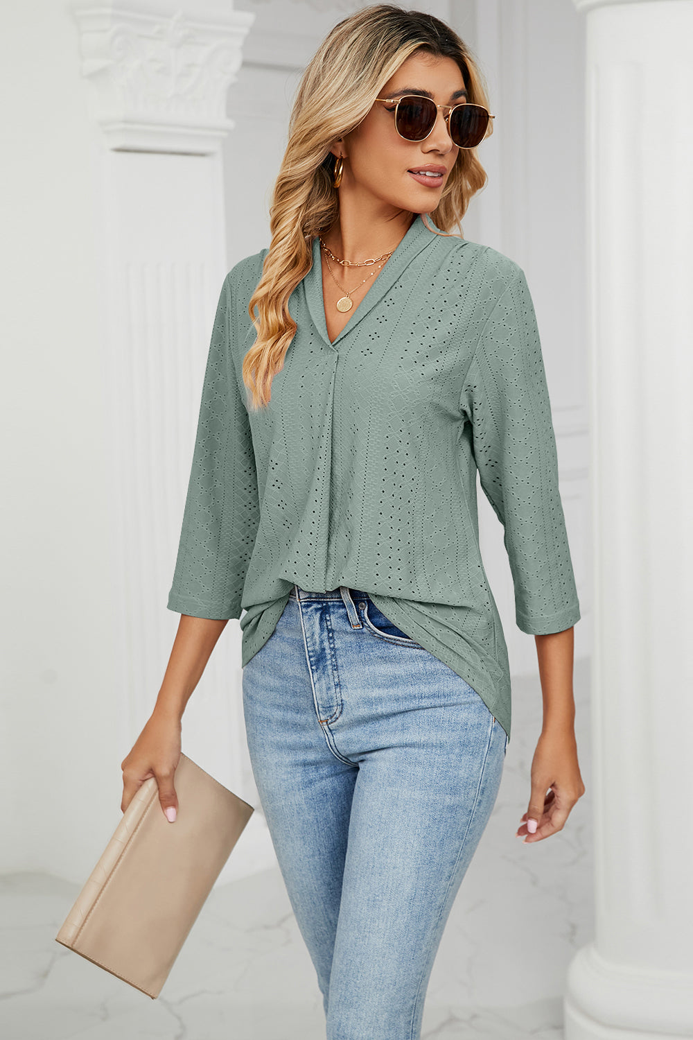 Eyelet Three-Quarter Sleeve Blouse