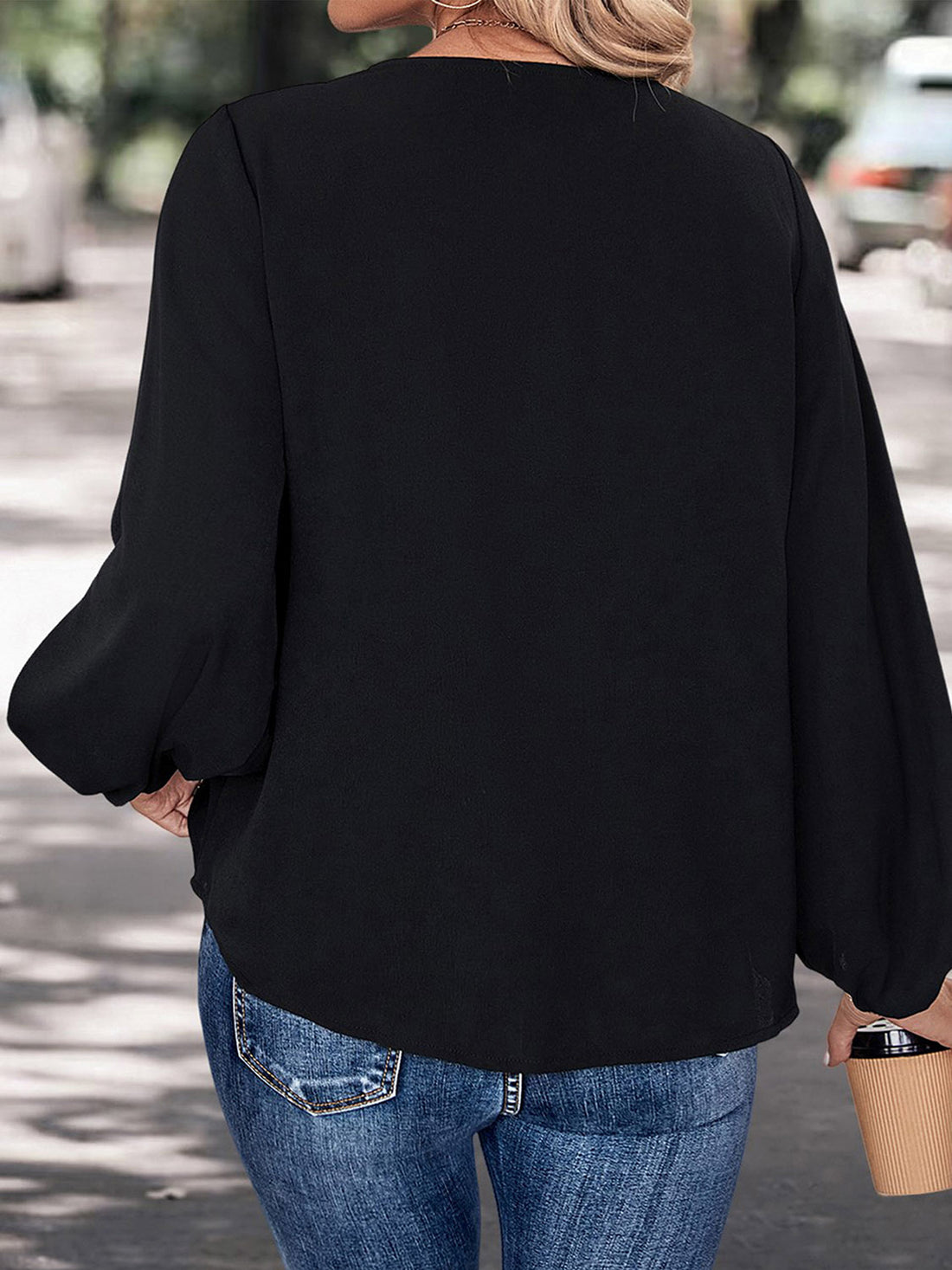 Perfee Contrast V-Neck Long Sleeve Blouse