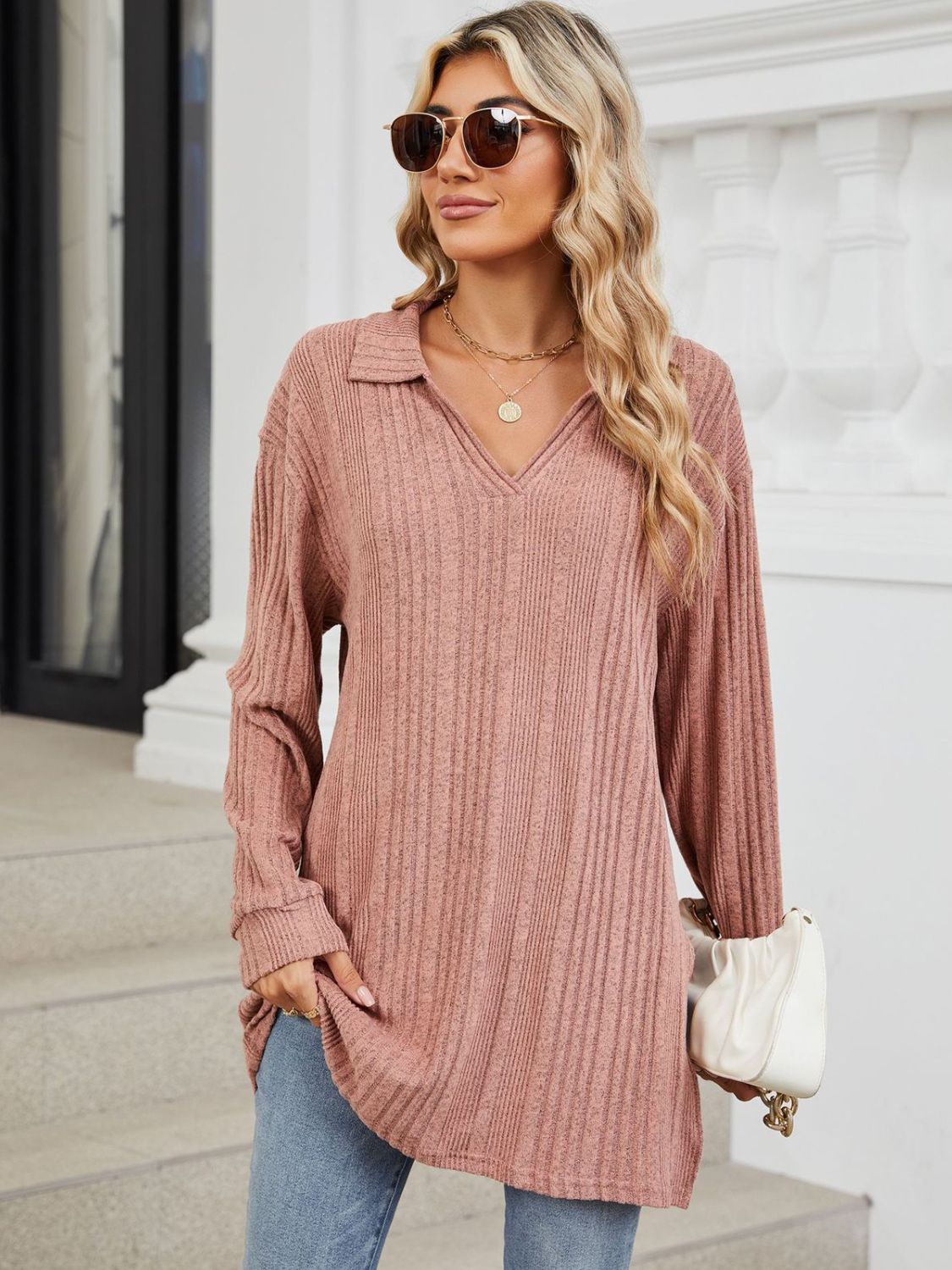 Slit Johnny Collar Long Sleeve T-Shirt